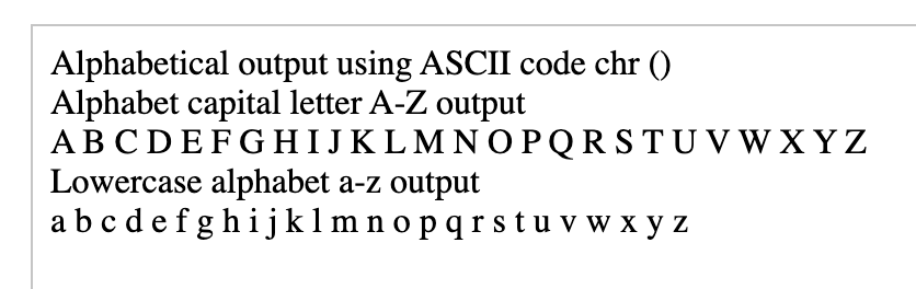 php alphabet ascii
